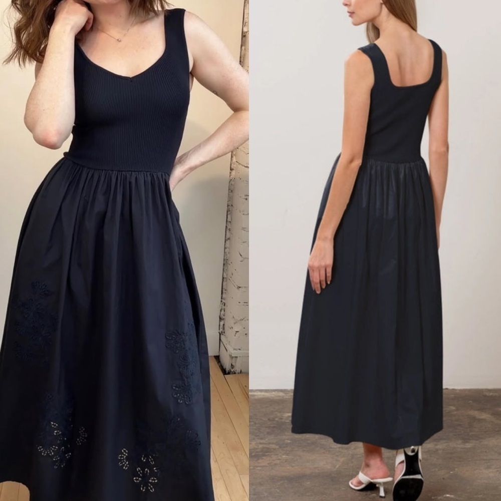 NWT MOON RIVER Sweater Top Eyelet Detail Midi Dress NAVY medium